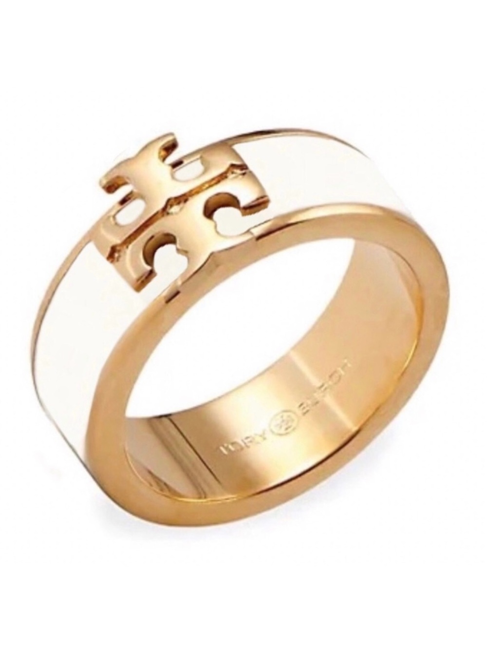TORY BURCH • Ivory White Kira Logo Ring Includes Tory Burch Jewelry Bag Pouch